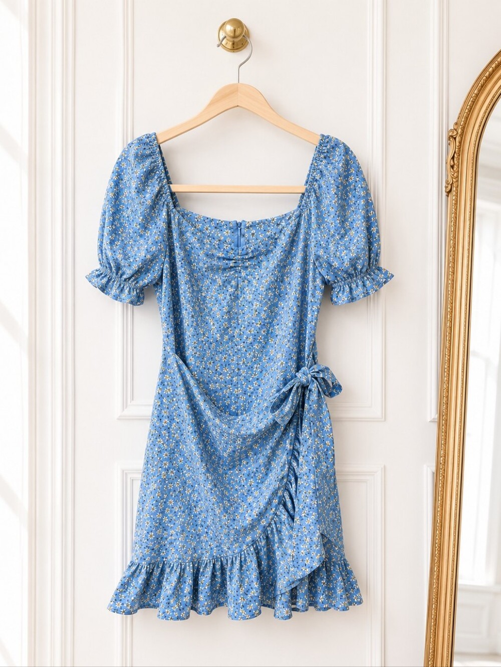 Blue Floral Wrap Dress Size S | Ruffle Hem Puff Sleeve Cottagecore Feminine - Picture 5 of 8